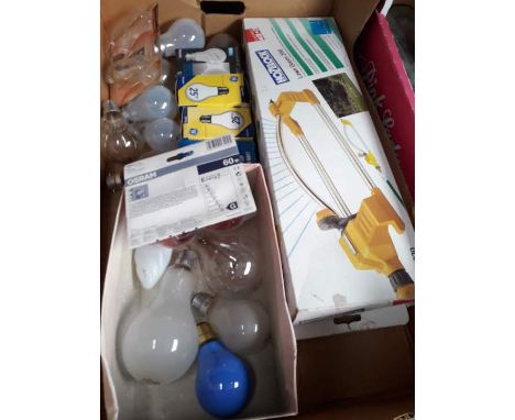 A box containing a mirror, garden sprinkler and light bulbs 