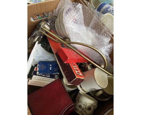 Box with lamp, playing cards and pottery 