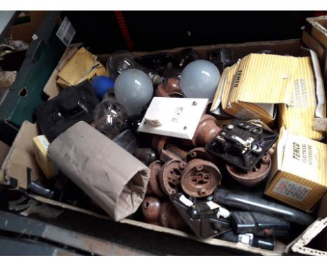 A box of switches, light bulbs, etc 