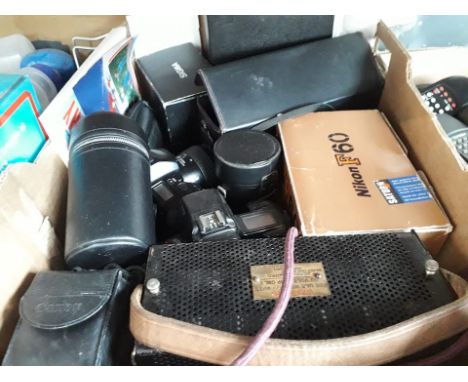 A box of mainly cameras and lenses to include Sigma lense in case, Nikon F60 camera, Minolta, etc 