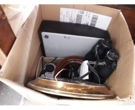A Silver Reed typewriter, a brass round clock and pair of binoculars 