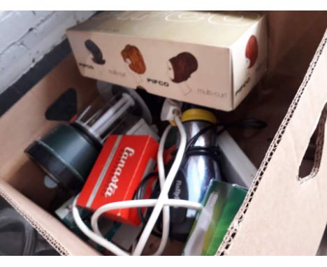 A box of misc, a camping gas light, hair dryer and a multi curl hair styler 