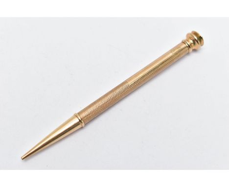 A YELLOW METAL PROPELLING PENCIL, engine turned pattern stamped '9ct gold', AF terminal, length 115mm, approximate gross weig