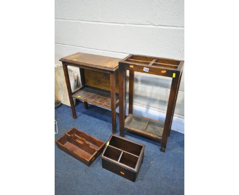 AN EARLY 20TH CENTURY OAK STICK STAND, an oak shelf, a mahogany stationary organiser, and a twin division stationary tray (4)