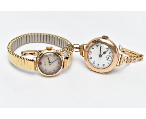 TWO LADY'S 9CT GOLD WRISTWATCHES, the first a manual wind watch, with a round white dial, Arabic numerals, seconds subsidiary