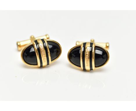 A PAIR OF YELLOW METAL, ENAMELLED 'MONTBLANC' CUFFLINKS, each of an oval form, inscribed 'Montblanc', black enamel detailing,