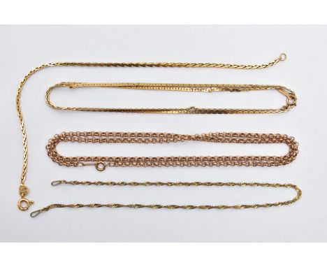 ASSORTED 9CT GOLD AND YELLOW METAL CHAINS, to include a belcher chain, fitted with a spring clasp, approximate length 470mm, 