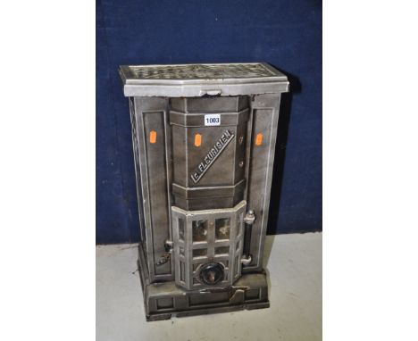 A VINTAGE ENAMELLED STOVE a small grey enamelled wood burning stove bearing the name LE FLEURISIEN, measuring width 40cm x de