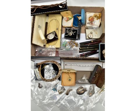 A BOX OF ASSORTED SILVER AND COSTUME JEWELLERY, to include a silver floral detailed oval locket, hallmarked Birmingham, suspe