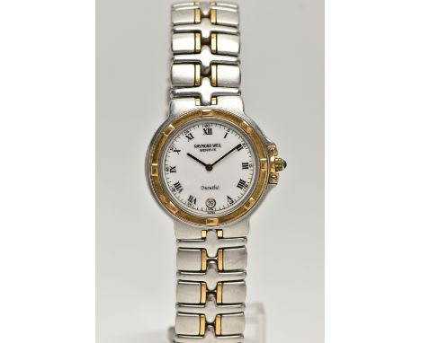 A 'RAYMOND WEIL' BICOLOUR WRIST WATCH, quartz movement, round white dial signed 'Raymond Weil' Geneve Parsifal, Roman and Ara