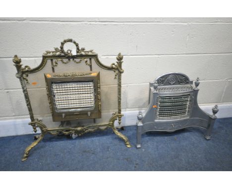 A FRENCH GILT BRASS HEATER FIRESCREEN, width 77cm x height 75cm, and a stainless steel Regency style fire place (condition:-b