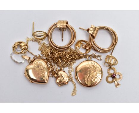 ASSORTED YELLOW METAL JEWELLERY, to include a pair of hoop earrings, two pairs of stud earrings, unmarked, approximate gross 