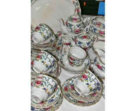 AN EIGHTY FOUR PIECE BOOTHS FLORADORA DINNER SERVICE, pattern no A8042, comprising a meat plate (stained), a tureen, a sauce 
