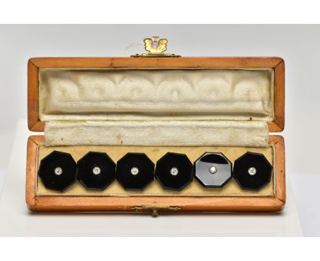 A CASED SET OF SIX MID 20TH CENTURY, ONYX AND DIAMOND DRESS STUDS, each highly polished onyx studs of hexagonal outline, cent