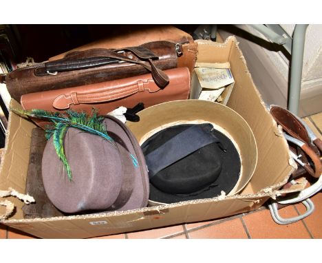 A BOX OF ASSORTED SUNDRY ITEMS ETC, to include a Dunhill tan leather document case, model FK6060T, vintage Leonhard Heyden br