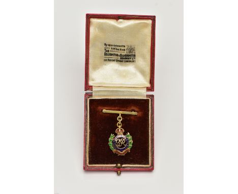 A YELLOW METAL ENAMEL 'ROYAL ENGINEERS' FOB BROOCH, decorated with blue, red and green enamel, inscribed 'Honi Soit Qui Mal P