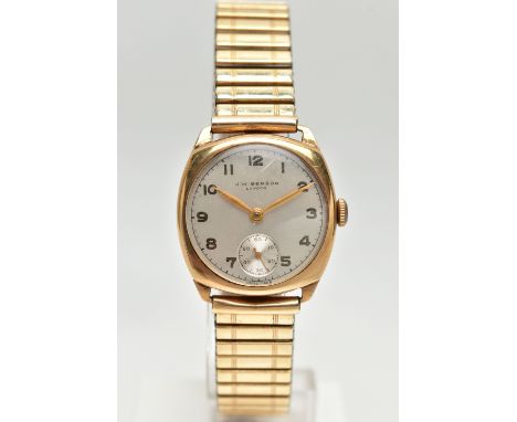 A 9CT GOLD 'J.W.BENSON' WRISTWATCH, manual wind, round silver dial signed 'J.W.Benson, London', Arabic numerals, seconds subs