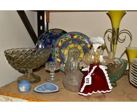 A SMALL COLLECTION OF GLASS AND CERAMICS, comprising a Murano style candle holder in the form of a masked female figure, appr