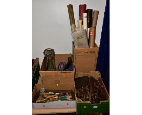FOUR BOXES OF MISCELLANEOUS VINTAGE HAND TOOLS &amp; TRACING PAPER to include files, screwdrivers, spanners, a foot pump, mea