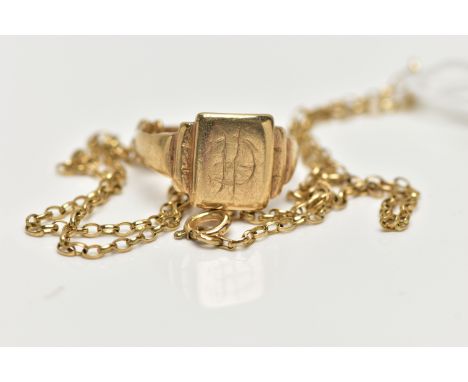 A YELLOW METAL SIGNET RING AND A BELCHER CHAIN, the polished rectangular signet displaying a worn engraved monogram, stepped 