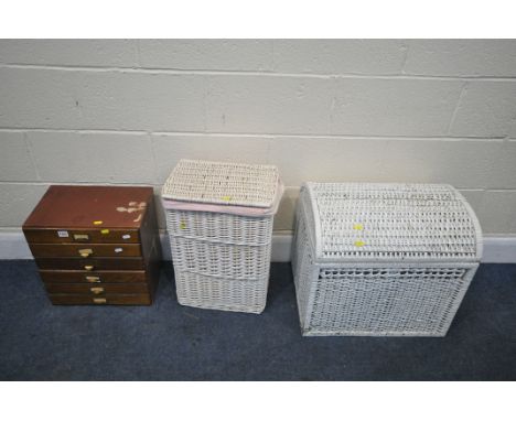 A SMALL SIX DRAWER DESK UNIT, width 40cm x depth 28cm x height 40cm, a painted domed trunk and a linen basket (3)