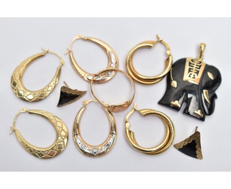 AN ASSORTMENT OF 9CT GOLD AND YELLOW METAL JEWELLERY, to include a pair of double hoop earrings with textured detail, hallmar