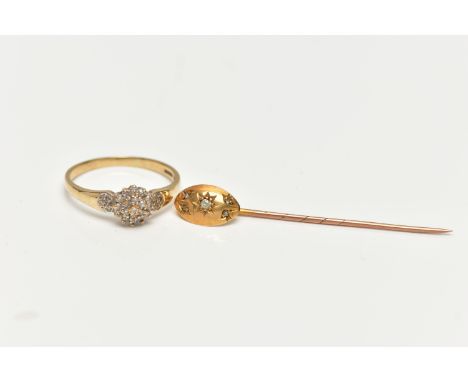 A 9CT GOLD DIAMOND CLUSTER RING AND A DIAMOND STICK PIN, slightly tiered round cluster, set with single cut diamonds, single 