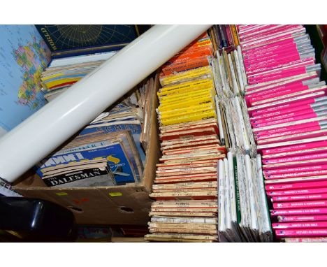 TWO BOXES OF ORDNANCE SURVEY MAPS AND MAGAZINES ETC, to include Landranger, Outdoor Leisure, Explorer and one inch maps, toge