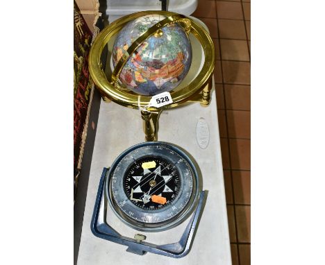 A HEATH MARINE 'BOSUN' COMPASS, together with a hardstone sample globe fitted to a brass stand, approximate height 25cm, Cond