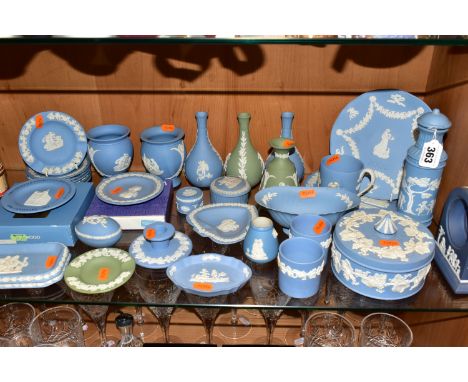 A COLLECTION OF WEDGWOOD JASPERWARES, mainly light blue pieces, to include six vases, tallest 13cm, two in sage green, two bo