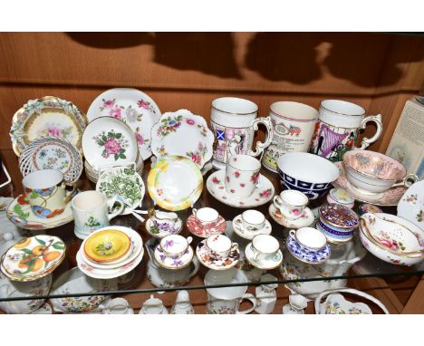 A COLLECTION OF MINIATURE COALPORT TEA CUPS AND ASSORTED PORCELAIN, comprising two Coalport tankards 'The Scottish Scene' and