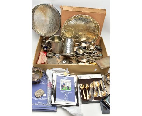 A BOX OF ASSORTED WHITE METAL WARE, to include a boxed 'Arthur Price', silver plated photo frame, a boxed set of 'Arthur Pric