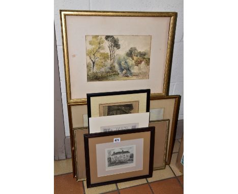 EIGHT PAINTINGS AND PRINTS, COMPRISING A WATERCOLOUR SIGNED A. MONTAGUE,  depicting three figures on a path beside a thatched