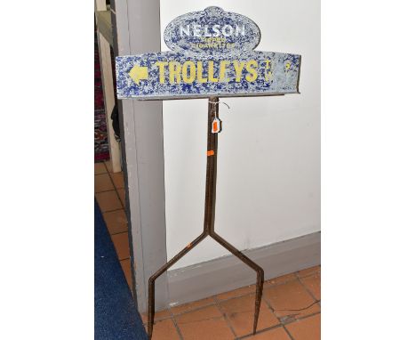 A VINTAGE TIN SHOP SIGN, cast iron stand with two prongs, 'Nelson Tipped Cigarettes'  'Trolleys This Way' (1) ( Condition Rep