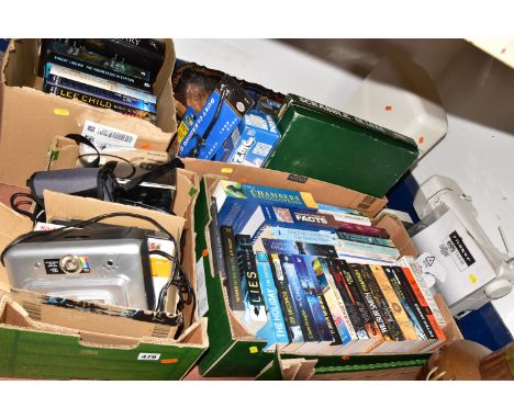 FOUR BOXES OF SUNDRIES to include a Janone Model 659 Sewing Machine with instruction booklet, one box of Polaroid and Kodak c