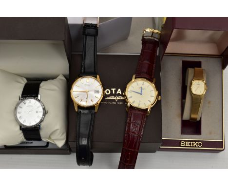 FOUR WRISTWATCHES, to include a gents 'Seiko, Automatic, 17 jewels' watch, round silver dial, baton markers, date window at t