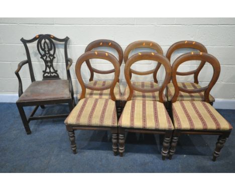 A SET OF SIX MAHOGANY BALLOON BACK DINING CHAIRS, with stripped seat pads, and a Chippendale style armchair (condition:-distr