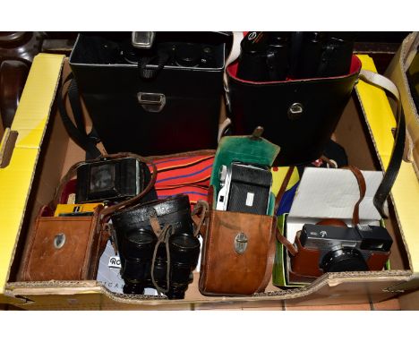 ONE BOX OF VINTAGE CAMERAS AND BINOCULARS, to include a pair of USSR Tento binoculars, Scope model 3807 binoculars, a pair of