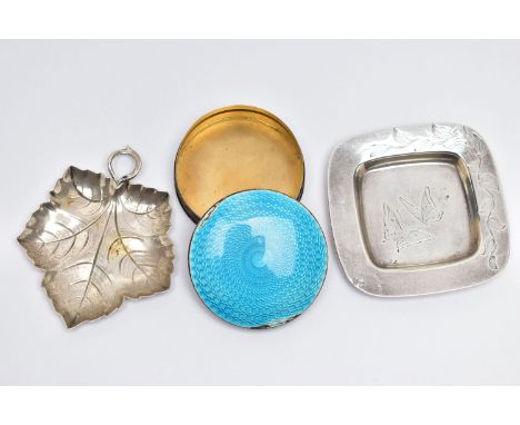 TWO TRINKET DISHES AND A GUILLOCHE ENAMEL TRINKET BOX, to include a small square trinket dish decorated with butterflies and 
