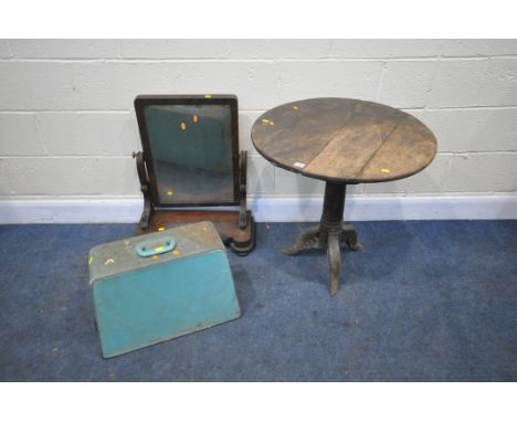 A GEORGIAN OAK TRIPOD TABLE, diameter 68cm x height 68cm, along with a Victorian swing mirror and a singer sewing machine (co