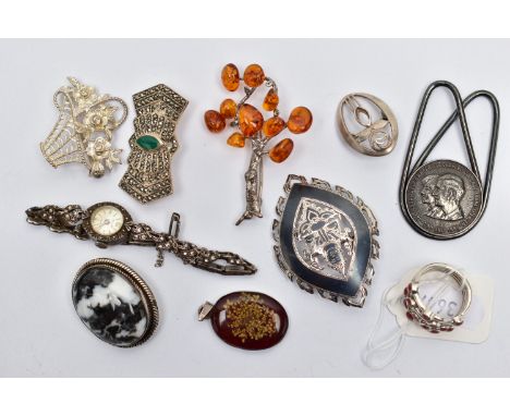 A SELECTION OF JEWELLERY, to include a lady's silver and marcasite 'Avia' wristwatch, manual wind, Arabic twelve and baton ma
