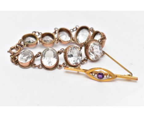 A YELLOW METAL GEM SET EDWARDIAN BROOCH AND A BRACELET, the brooch displaying a circular cut amethyst in a milgrain setting, 