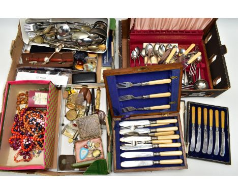 A BOX OF ASSORTED ITEMS, to include various pieces of costume jewellery, brooches, pin badges, smoking pipe, fashion wristwat