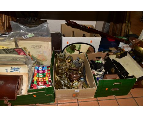 FIVE BOXES AND LOOSE METALWARES, SUITCASES, EPHEMERA AND SUNDRY ITEMS, to include a small quantity of brass wares including w