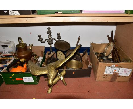THREE BOXES AND LOOSE METALWARES, to include a large brass eagle perched on a branch, height 50cm, brass saucepans, a Le Creu