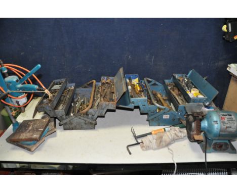 TWO METAL TOOLBOXES CONTAINING VARIOS TOOLS to include mostly spanners, hammers, grips, along with a Clarke CBG-6RWB bench gr