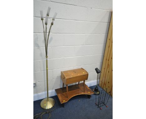 A ASK SERIOUS READERS ADJUSTABLE READING DESK LAMP, a brass floor lamp, a teak sewing box, atomic magazine rack, and an oak b