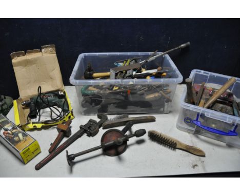 TWO TUBS OF MOSTLY VINTAGE TOOLS to include files, hammers, saw blades, tin of new and used drill bits, hand drills chisels a