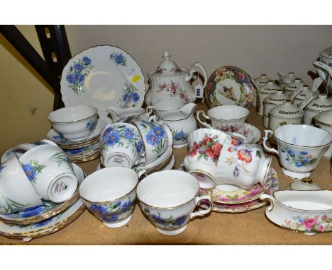 A GROUP OF CERAMIC TEAWARES, comprising a thirty two piece Royal Vale teaset printed with cornflowers, a Royal Albert Lavende
