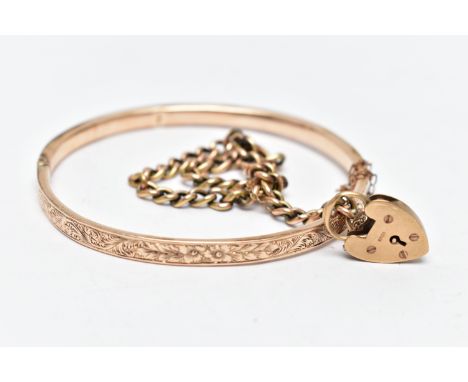 A HINGED BANGLE AND A CURB LINK BRACELET, the floral decorated rose gold tone, hinged bangle, fitted with an integrated push 